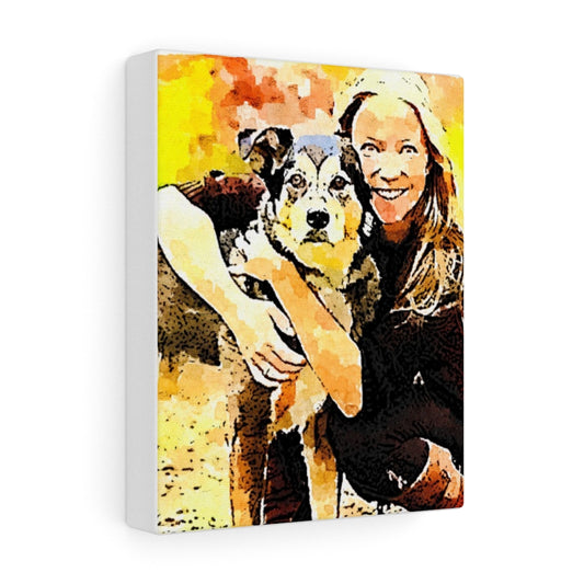 Watercolor Dog Owner Portrait Stretched Satin Canvas